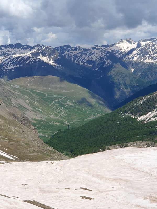 Blick vom Schneefeld hinunter auf die Serpentinen der Bonette-Nordseite