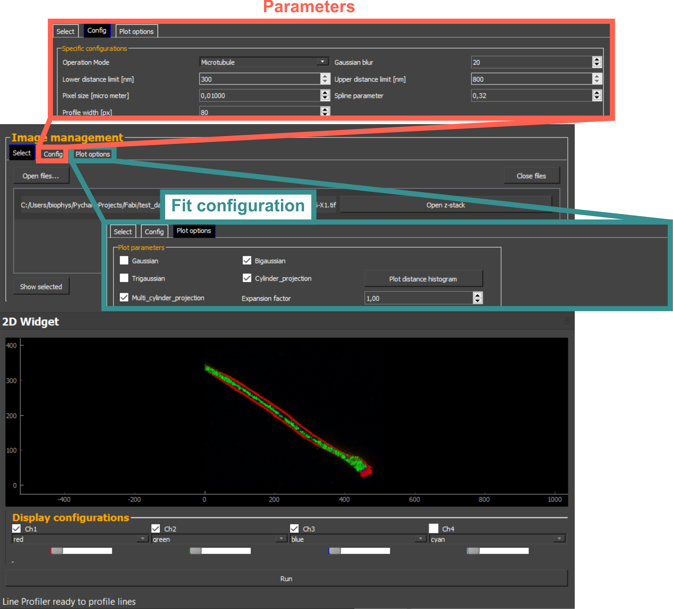 LineProfiler software interface for filament analysis